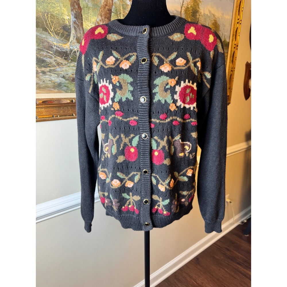 Vintage Floral Paisley Black Novelty Teacher Fruit Intarsia Knit Cardigan Sz L